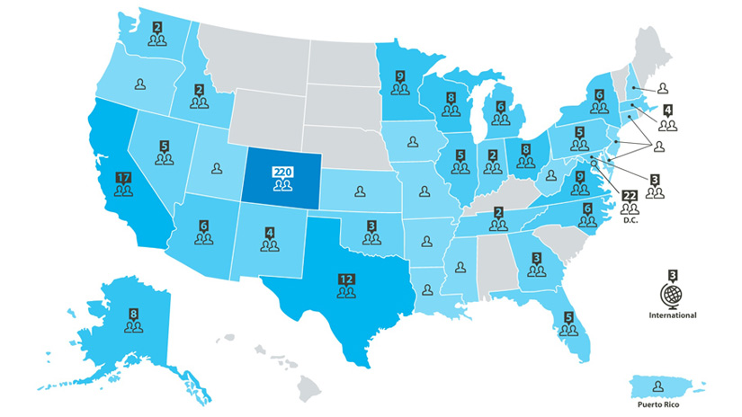 U.S. map with numbers corresponding to the number of NREL Energy Execs alumni in each state: Washington (2); Oregon (1); California (17); Idaho (2); Nevada (5); Arizona (6); Utah (1); Colorado (220); New Mexico (4); Kansas (1); Oklahoma (3); Texas (12); Minnesota (9); Iowa (1); Missouri (1); Arkansas (1); Louisiana (1); Wisconsin (8); Illinois (5); Mississippi (1); Michigan (6); Indiana (2); Ohio (8); West Virginia (1); New York (6); Pennsylvania (5); New Hampshire (1); Massachusetts (4); New Jersey (1); Connecticut (1); Delaware (1); Maryland (3); Washington, D.C. (22); Virginia (9); West Virginia (1); North Carolina (6); Tennessee (2); Georgia (3); Florida (5); Alaska (8); Puerto Rico (1); and international countries (3).