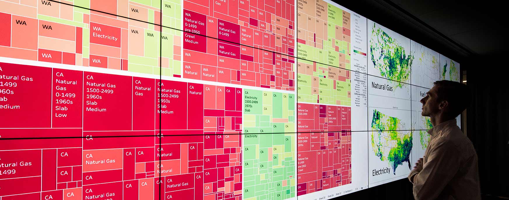 Photo of a man viewing a large display of information.