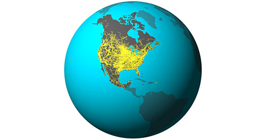 Globe illustration highlights Canada, the United States, and Mexico with a conceptual linked power grid connecting the three countries