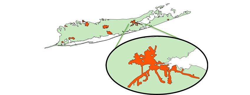 Image of Long Island, New York with shaded areas for distributed energy resources that are interconnected with facilities to show the value of the entire system.