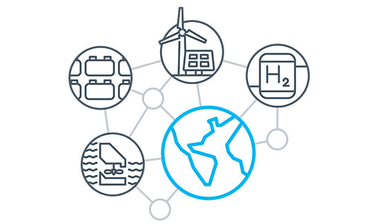 Icons of earth, wave technology, batteries, wind/solar, and hydrogen.