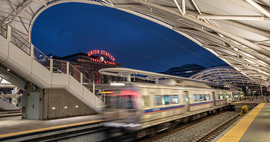 A train leaving a station.