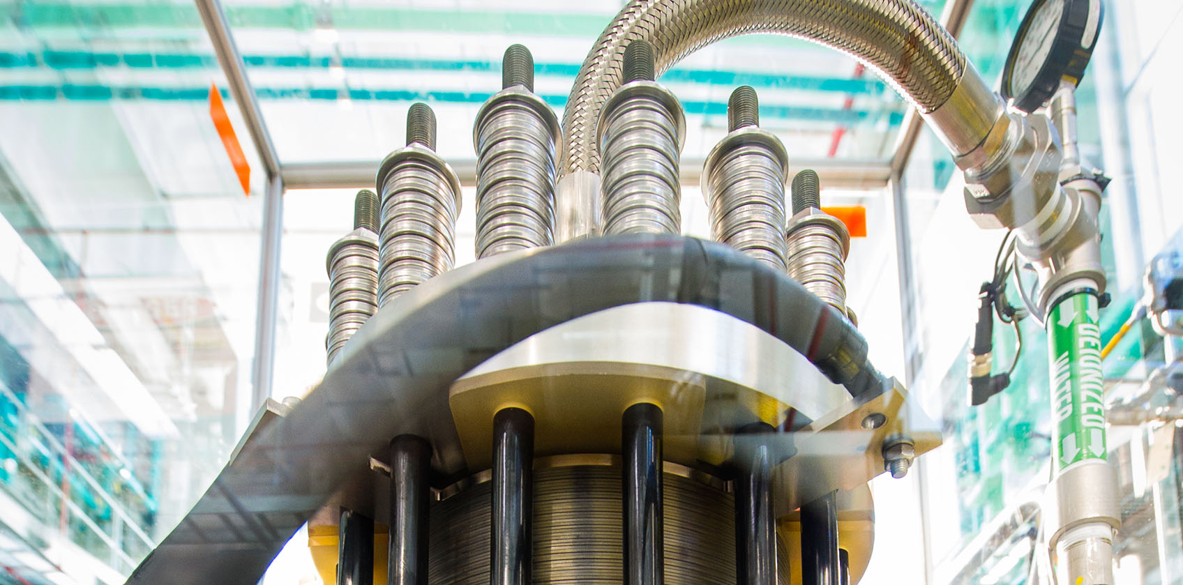 Photo of a polymer electrolyte membrane stack in a laboratory