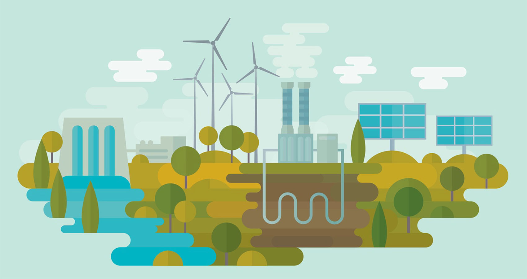 An artists’ rendition of a variety of electricity sources, including a hydroelectric dam, wind turbines, a power plant, and solar panels. There are water, trees, and dirt in the foreground, and several clouds in the background.