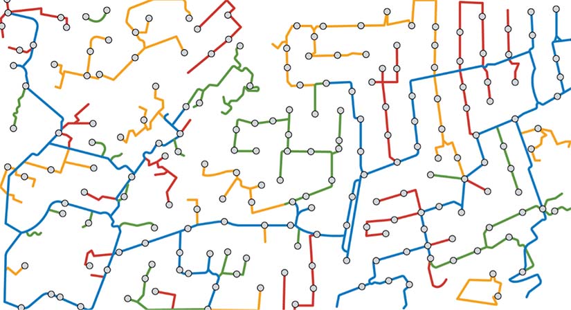 An illustrated representation of an HCA map showing colored lines that correspond with varying amounts of hosting capacity value in an area.