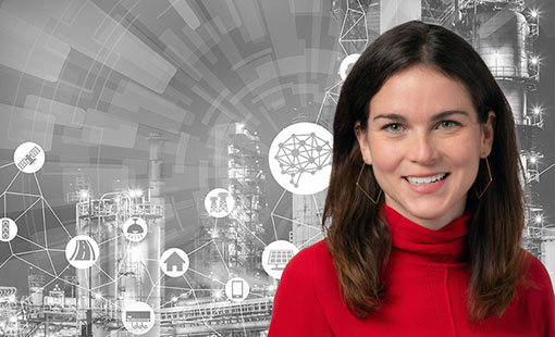 Kerry Rippy overlain on a background of black-and-white manufacturing images and icons