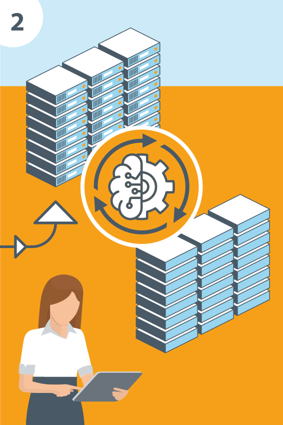 A person looking at a tablet next to rectangular stacks overlain with circular arrows. The arrow leading from the previous panel points toward the stacks.
