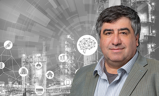 Rob Hovsapian overlain on a black-and-white background of manufacturing facilities and icons.