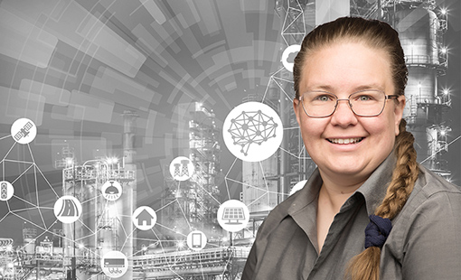 Sam Reese overlain on a black-and-white background of manufacturing facilities and icons.