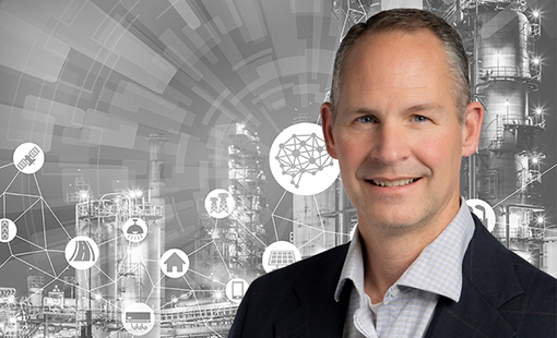 Scott Struck overlain on a black-and-white background of manufacturing facilities and icons.