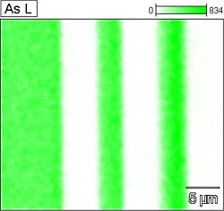 Scanning electron image of cross-section of a multijunction solar cell followed by EDS elemental maps of the arsenic in the cross-section.