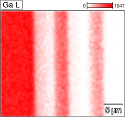 Scanning electron image of cross-section of a multijunction solar cell followed by EDS elemental maps of the gallium in the cross-section.