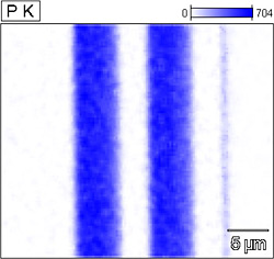 Scanning electron image of cross-section of a multijunction solar cell followed by EDS elemental maps of the phosphorus in the cross-section.