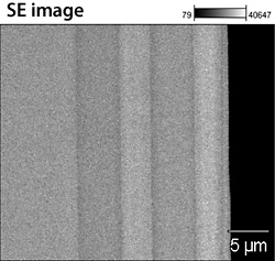 Scanning electron image of cross-section of a multijunction solar cell followed by EDS elemental maps of the indium, gallium, phosphorus, and arsenic in the cross-section.