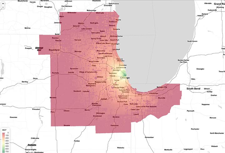 A map of the Chicago, Illinois metro area showing color-coded Mobility Energy Productivity scores, with scores increasing closer to the urban center.