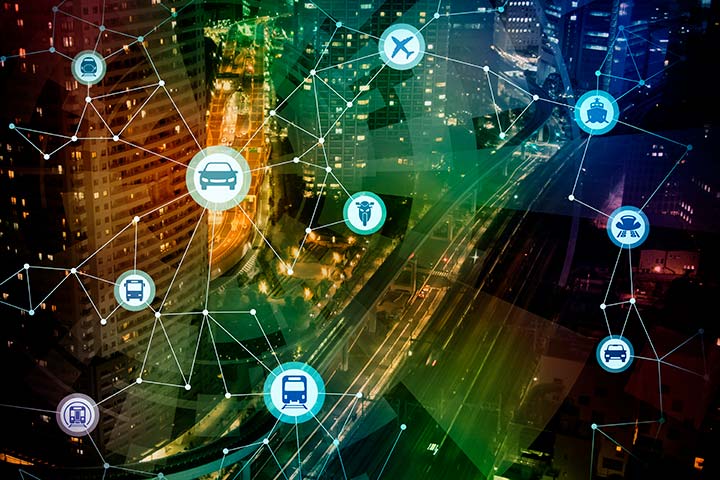 A colorized nighttime cityscape overlaid with interconnected circular graphics that represent different transportation options.