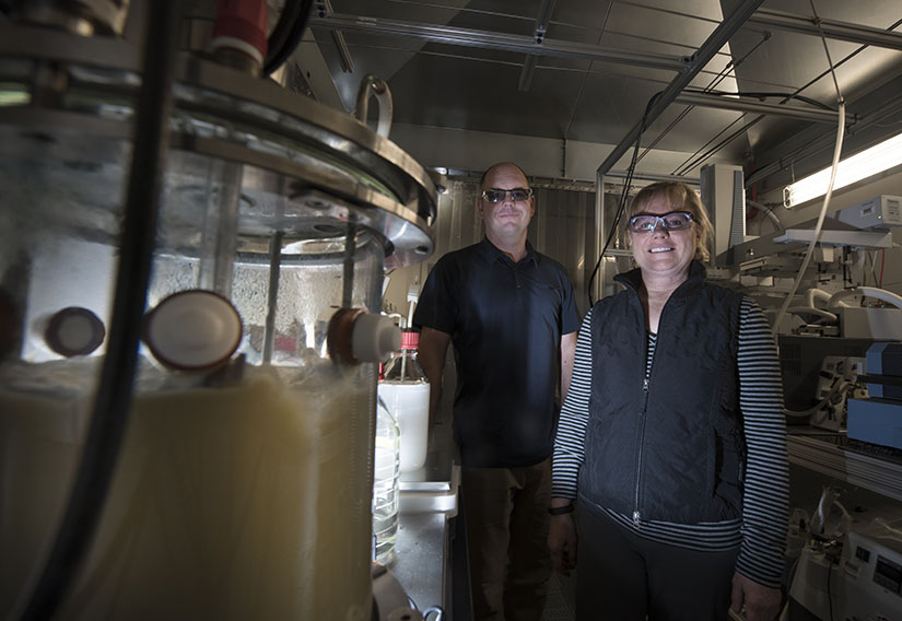 NREL researchers Kevin Harrison and Nancy Dowe in a lab.