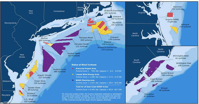 A map of the East Coast indicating wind energy capacity estimates