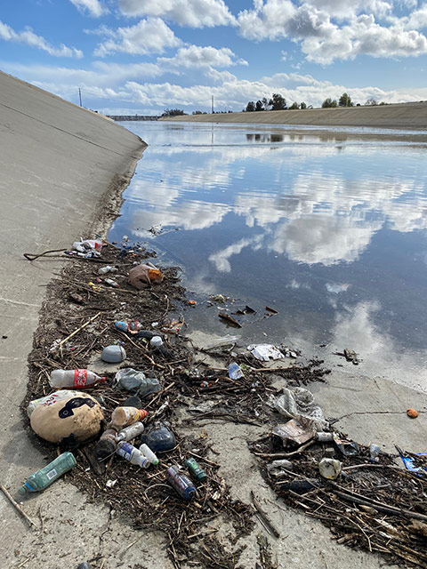 Plastic debris along the edge of a river canal