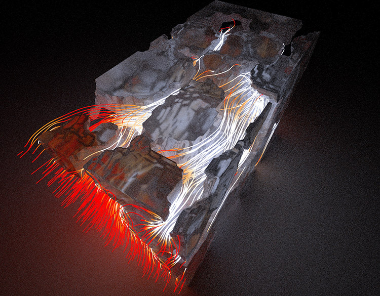 A technical illustration of electrode microstructure with streamlines and colors.