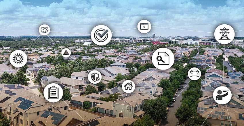 Image demonstrating a communications network overlaid on a city neighborhood. 