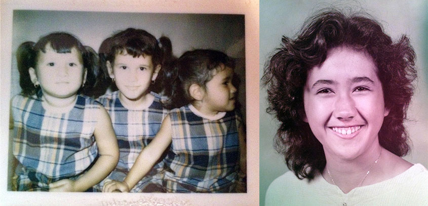 Three young girls sit in a row next to a headshot of teenage Alberta Carpenter