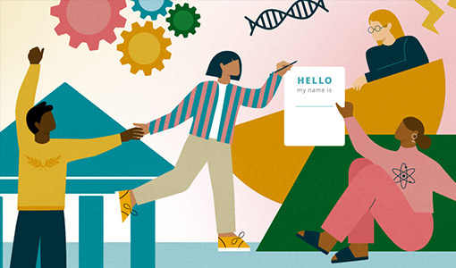 Illustration of four diverse people, with one holding a blank name tag