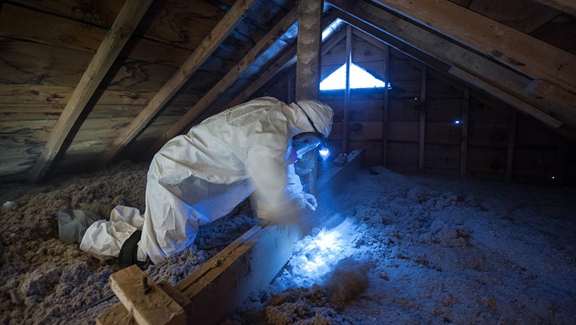 A man holding a tool to blow cellulose insulation in the interior of a wall.