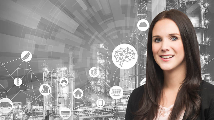 Headshot of Robynne Murray overlain on a black and white background of science and industry images and icons.