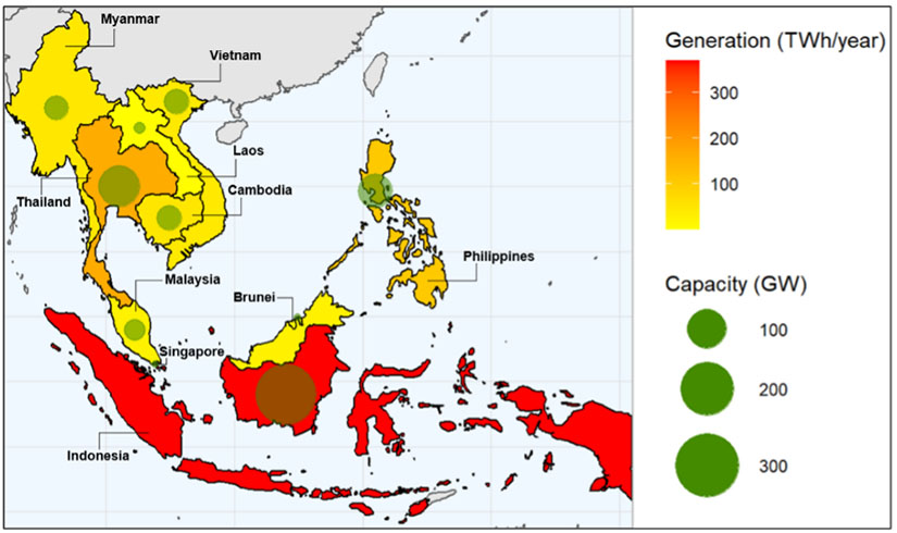 Map of Southeast Asia showing floating photovoltaic generation and capacity potential for reservoirs.