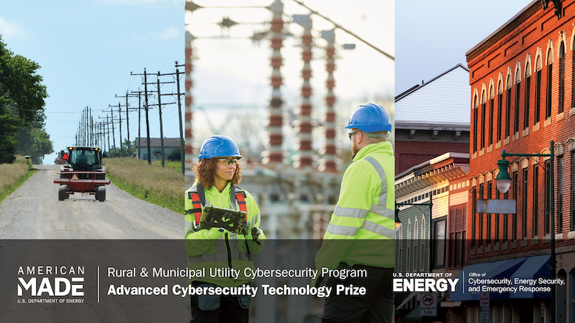 A series of three images of a tractor on a dirt road, utility workers, and a building.