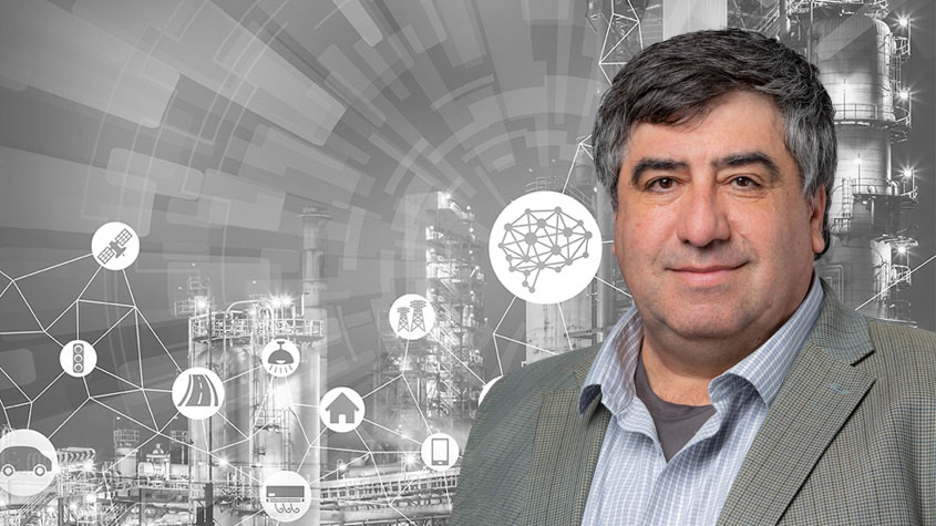 Rob Hovsapian overlain on a background of black-and-white manufacturing images and icons.