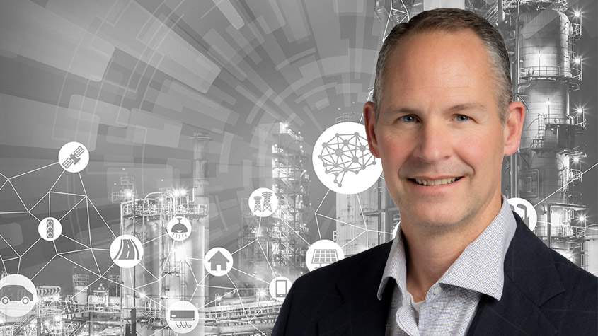 Scott Struck overlain on a black-and-white collage of manufacturing facilities and icons. 