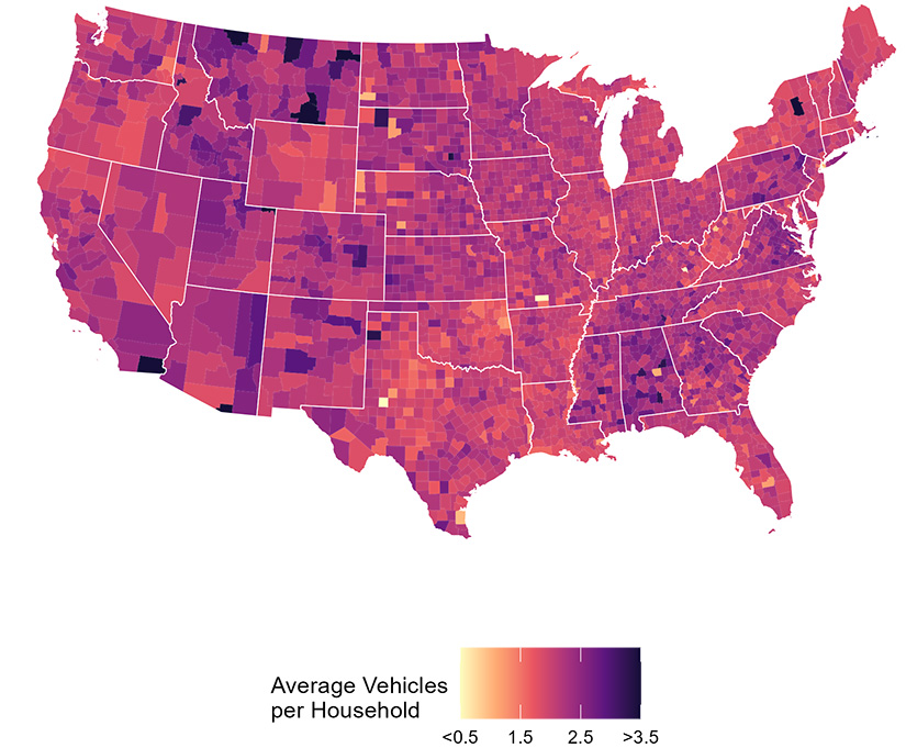 A map showing variation in vehicle ownership across the United States, with a range of average vehicles per household from < 0.5 to > 3.5