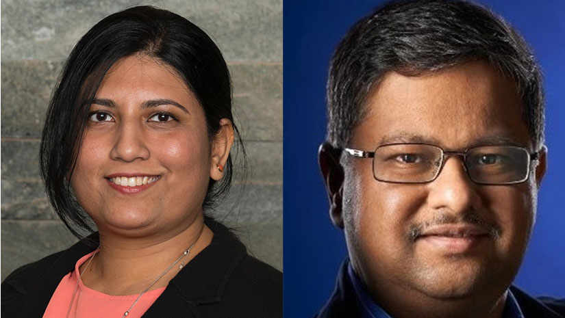Headshot photographs of a woman on the left and a man on the right.
