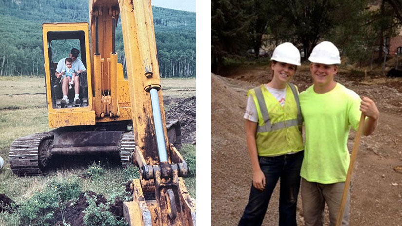 A toddler sitting in a person’s lap inside a backhoe’s cab on the left and two people in protective attire in front of a mound of dirt