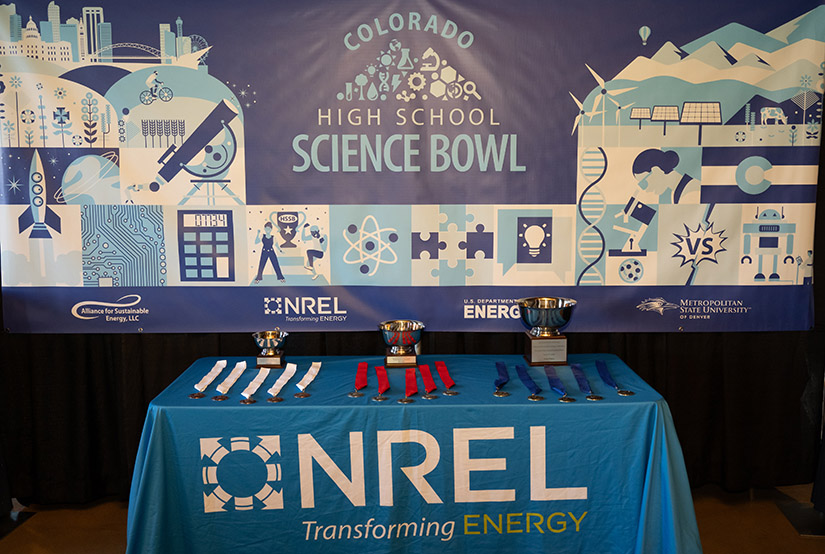 A table with three sets of trophies and ribbons. 