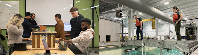 Left: ix people around a table with a half-built device on top; Right: Two people standing on a bridge over a wave tank