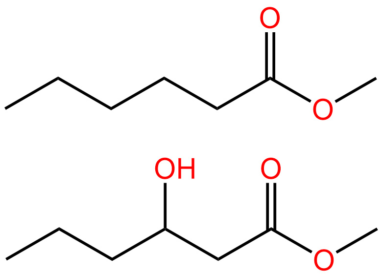 A diagram showing two chemical compounds with lines indicating carbon bonds and letters naming atoms. The bottom compound has an OH, or hydroxyl, molecule that the top compound does not have.