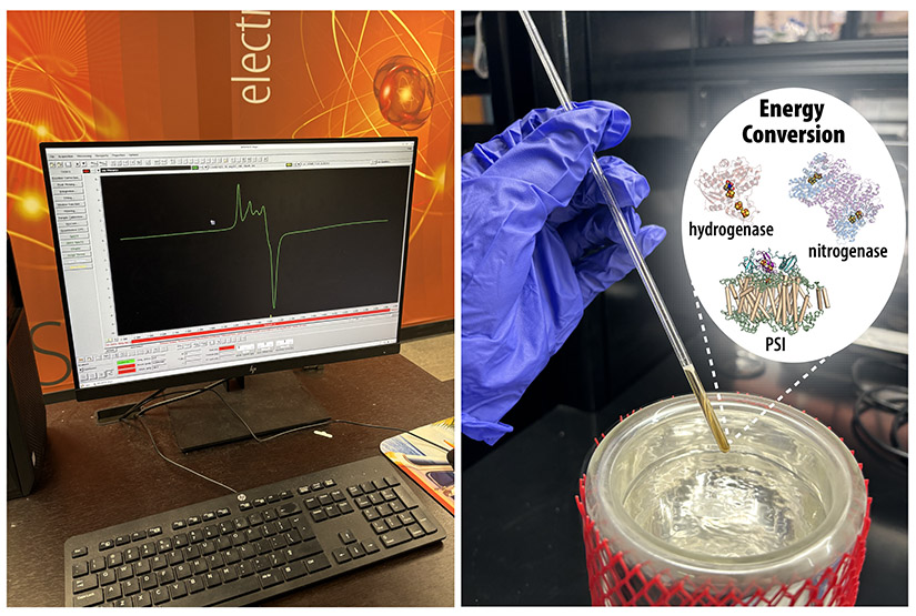 A image of a computer screen next to an image of a gloved hand holding a thin glass tube and a graphic that says Energy Conversion