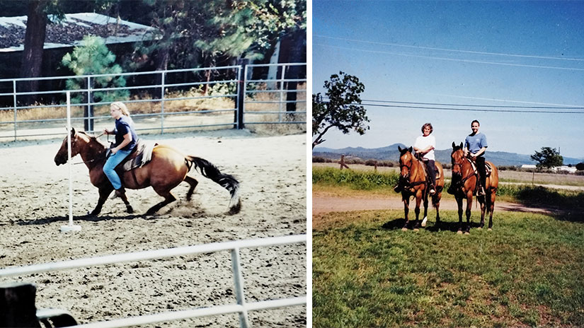 Left: Aday riding a horse in a ring Right: Aday and her grandmother posing for a photo on two horses