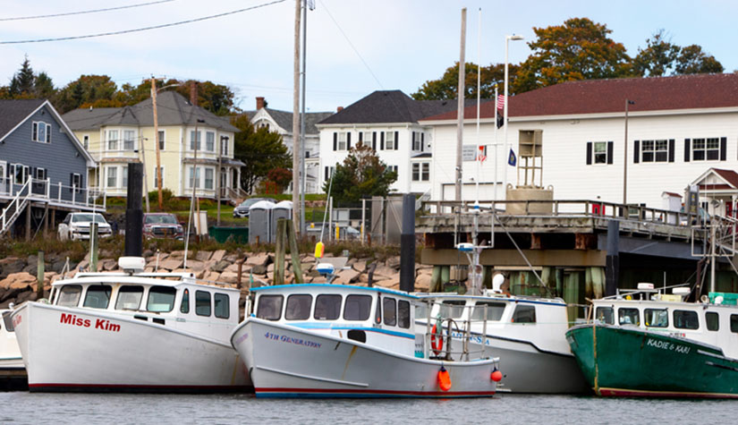 Four small boats sit on water in front of a rock barrier wall, houses, buildings, treetops, and sky.