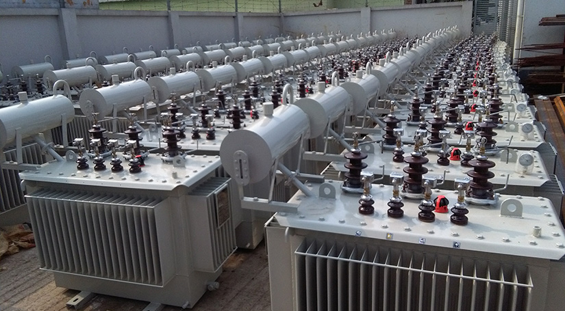 Photo of rows of distribution transformers at a substation