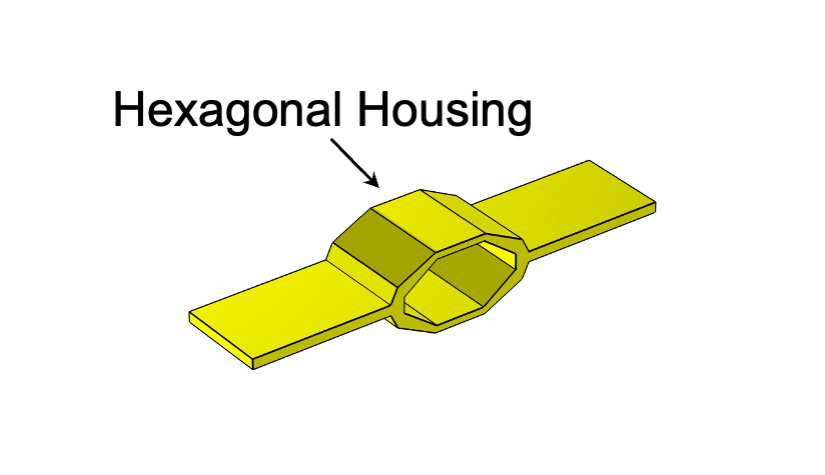 A graphic illustration of one&nbsp;hexDEEC&nbsp;energy generator with an arrow pointing to its hexagonal center&nbsp;with a text label, "Hexagonal Housing"