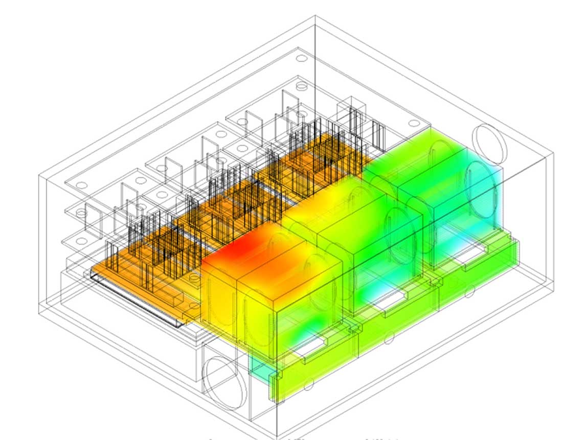 A drawing of the DC-Link Capacitor with a circuit board on the left hand side and 3-D rectangular neon-colored boxes to the right.