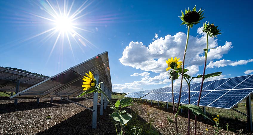 Photovoltaic array at the Mesa Verde Visitor and Research Center in Montezuma County, Colorado. Coupled with a micro-hydro system and solar water heating, the on-site renewable energy systems are capable of providing 95% of the building energy requirements. Photo by Dennis Schroeder, NREL