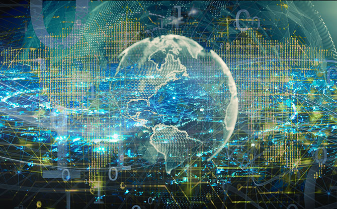 Globe in the cybersphere with code overlayed.