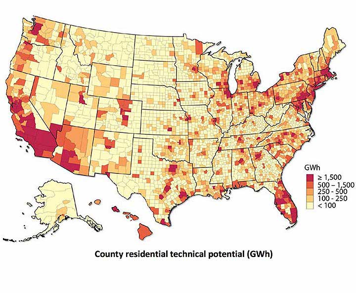 A map of the United States, divided by county, is color-coded by the total solar technical potential available on low-to-moderate income households in that county. Regions with large numbers of low-to-moderate income households, such as Southern California, southern Florida, the urban Northeast, and the greater Chicago region, show the greatest technical potential.