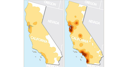 Two maps of California map the density of solar installations, one before 2007 and one after 2007. Comparing the two indicates that growth in solar installations has increased at particularly high rates in California’s major metropolitan areas.