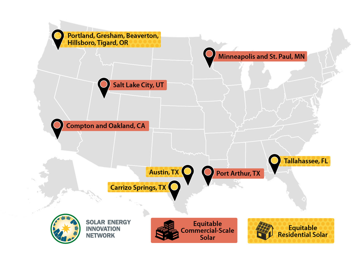 Map of the United States pointing to the eight teams selected for Solar Energy Innovation Network Round 3. These teams represent either equitable commercial-scale solar or equitable residential solar. 